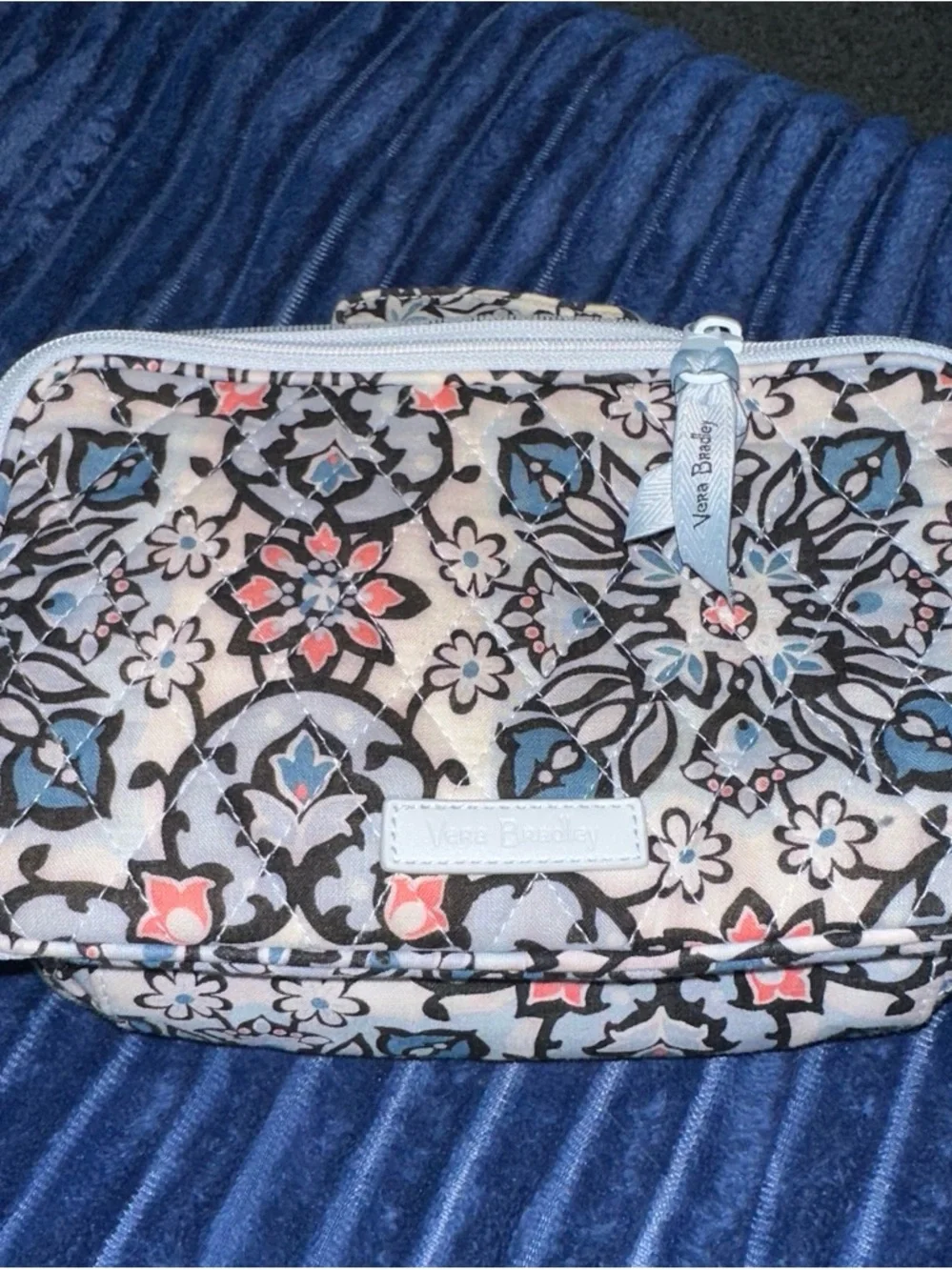 Vera Bradley Blue, Coral & Black Floral Quilted Cosmetic Case